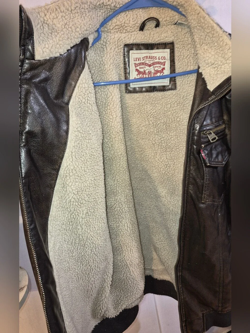 Levi Strauss Mens Brown Faux Leather Sherpa Lined Aviator Bomber Jacket Sz Large
